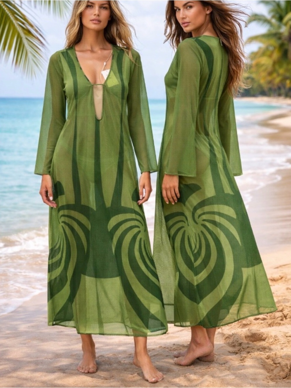 Caroline Constas new york 
Green Mesh Long Sleeve Swim Cover-Up Dress